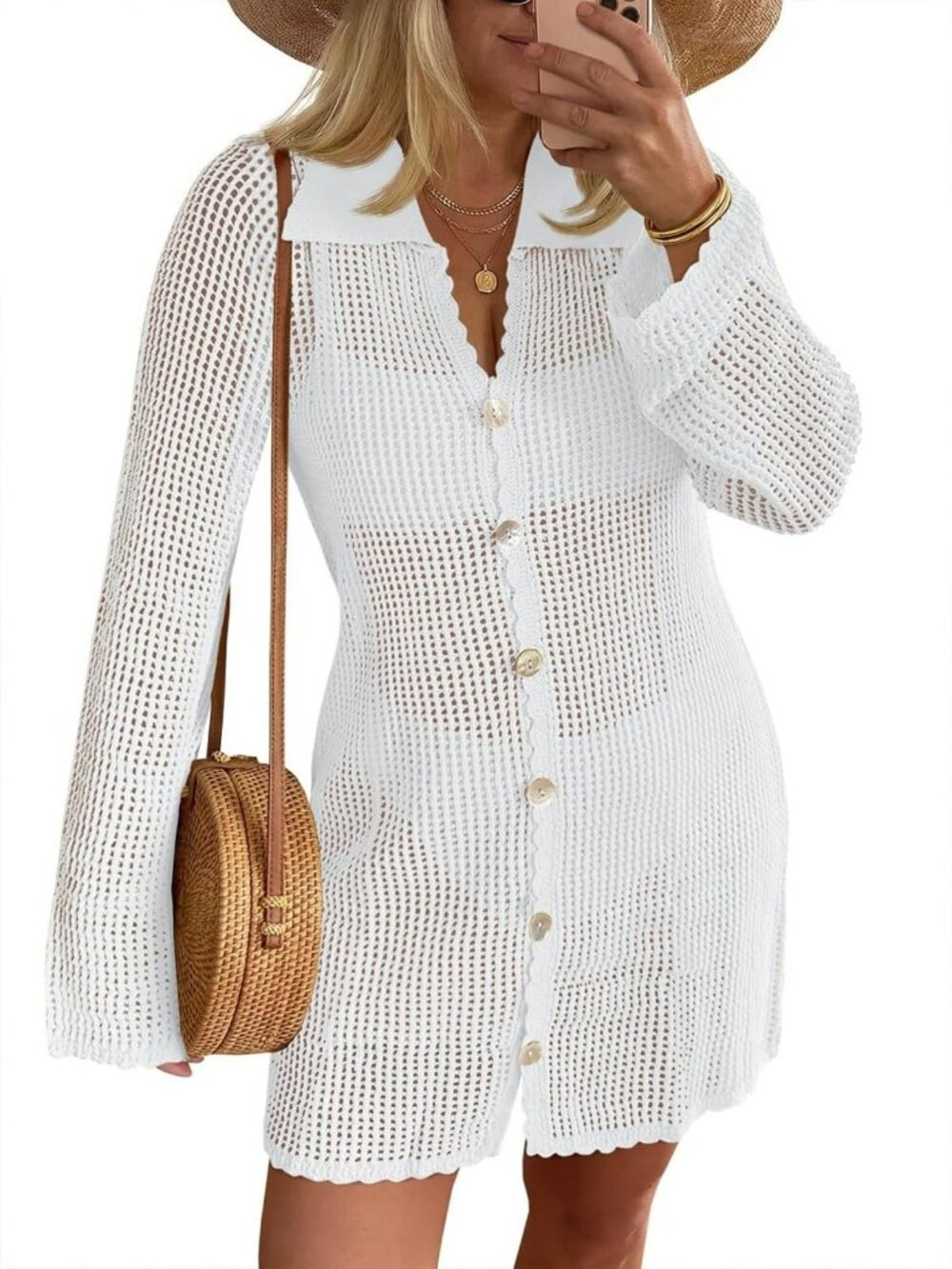 Chic Crochet Swimsuit Cover-Up | Button Down Long Sleeve Cardigan Mini Dress